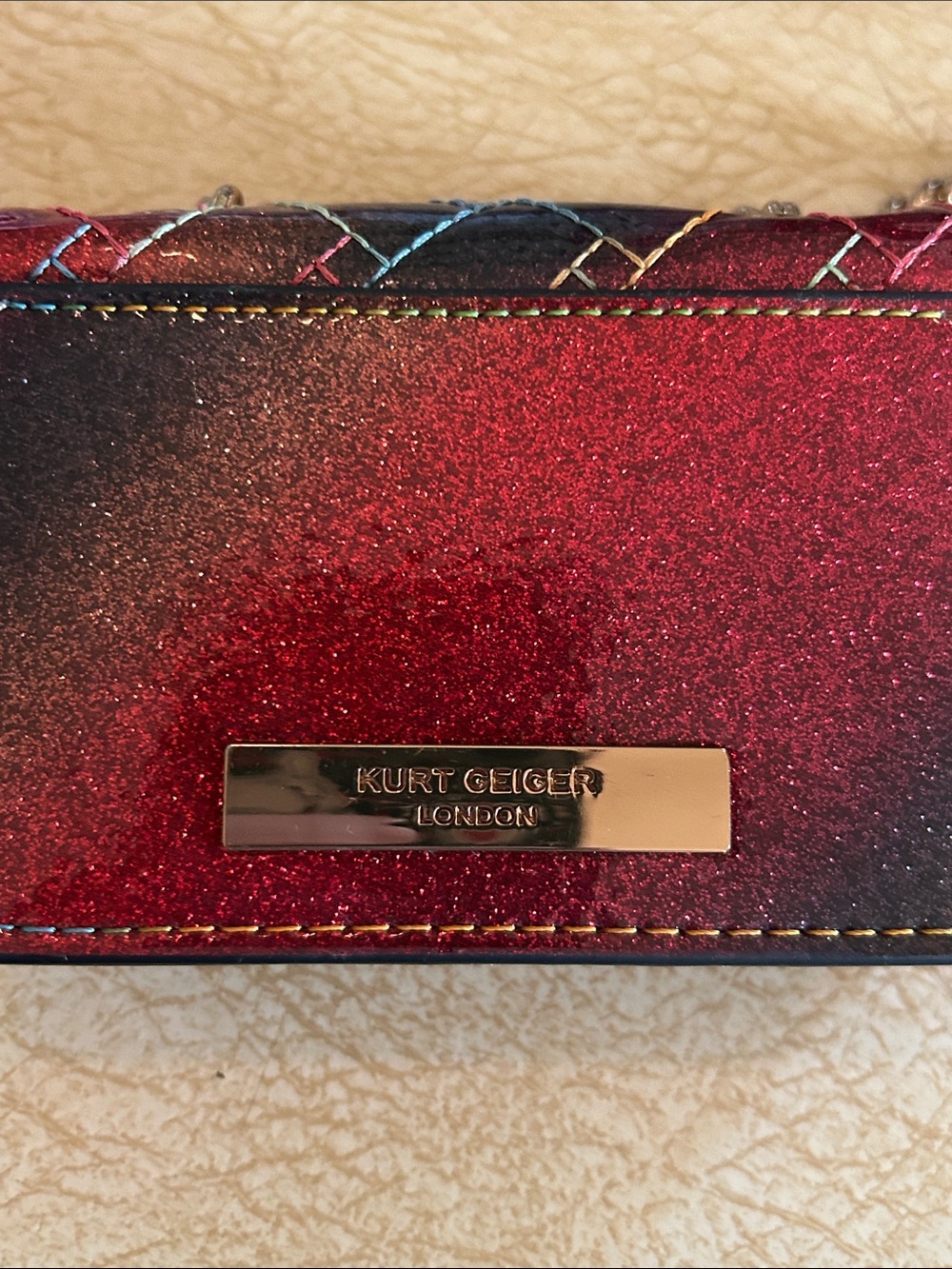 Kurt Geiger Glitter Quilted Mini Crossbody in Burgundy with Multicolor Stitching - Picture 4 of 4